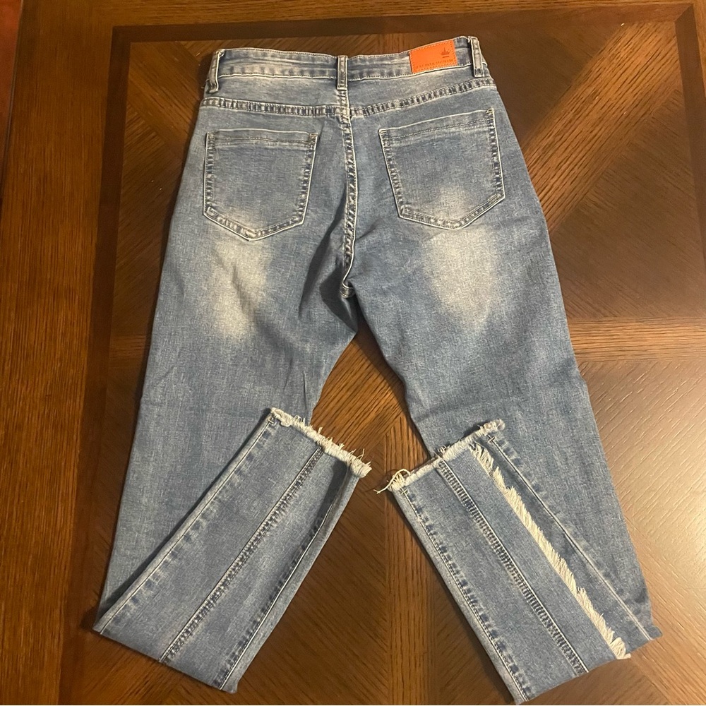 Blue Ankle Cropped Jeans with Distressed Details - Picture 2 of 5